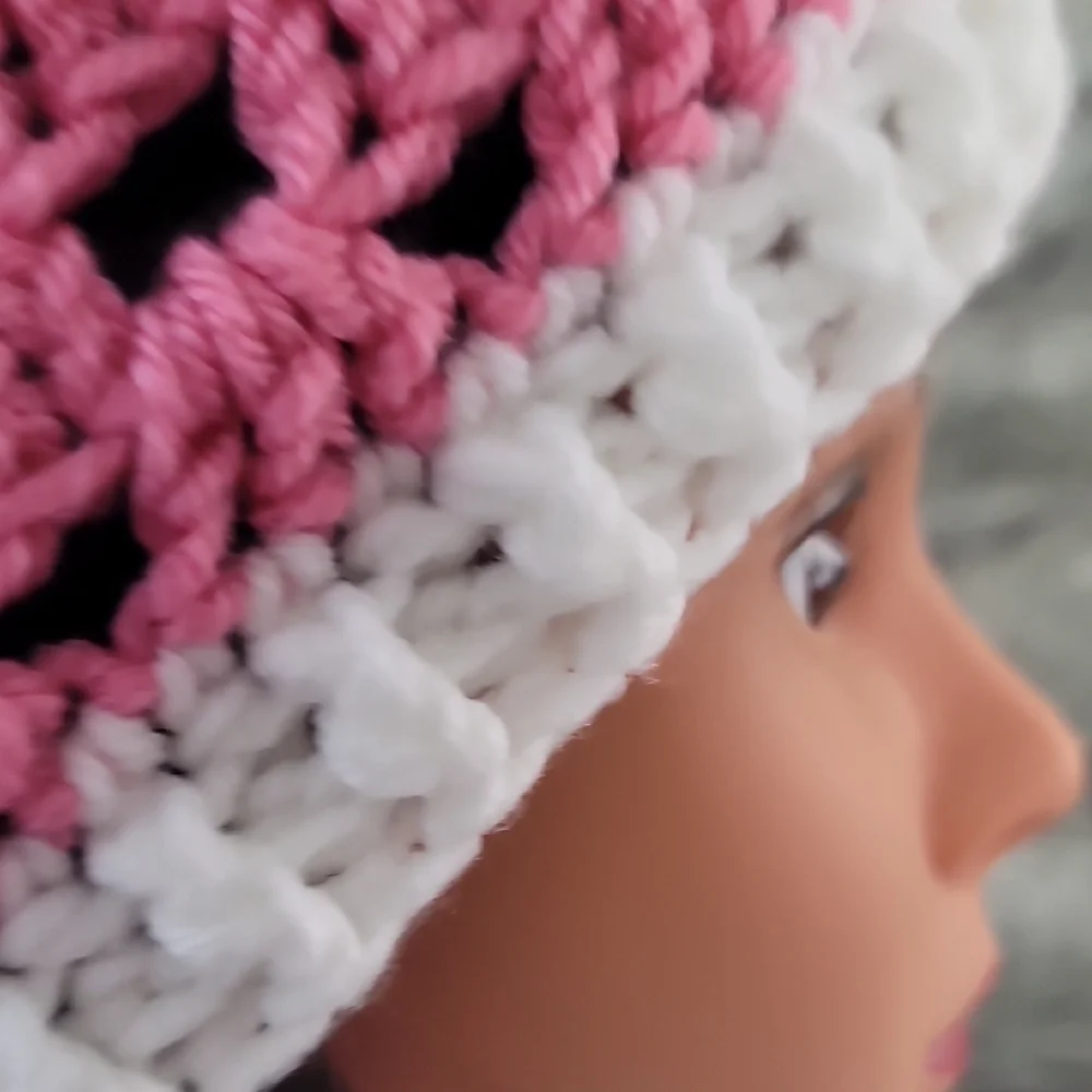 Chic Pink and White Crochet Beanie
